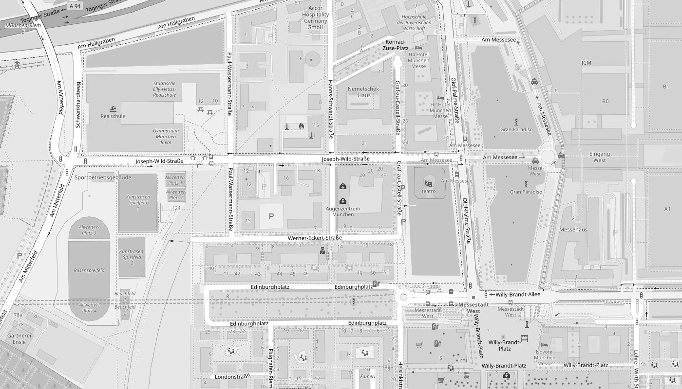 Kartenausschnitt Messestadt West mit der Praxis in der Hanns-Schwindt-Straße 17, der U-Bahn-Station Messestadt West und der Bushaltestelle Am Messesee